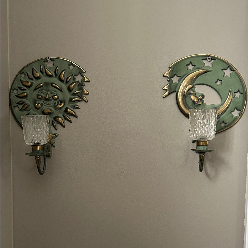 Sun and Moon Wall Candle Holders - Green and Gold